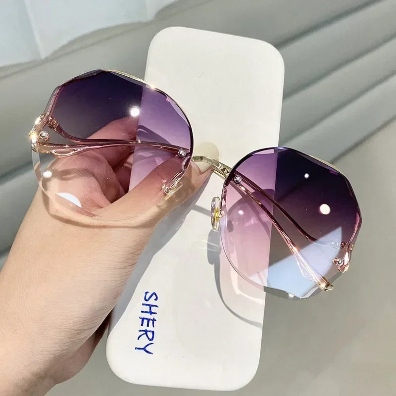 Irregular Round Sunglases, Women Brand Designer Gradient Fashion Sun Glasses, Female Rimless Metal Curved Temples Oculos De Sol