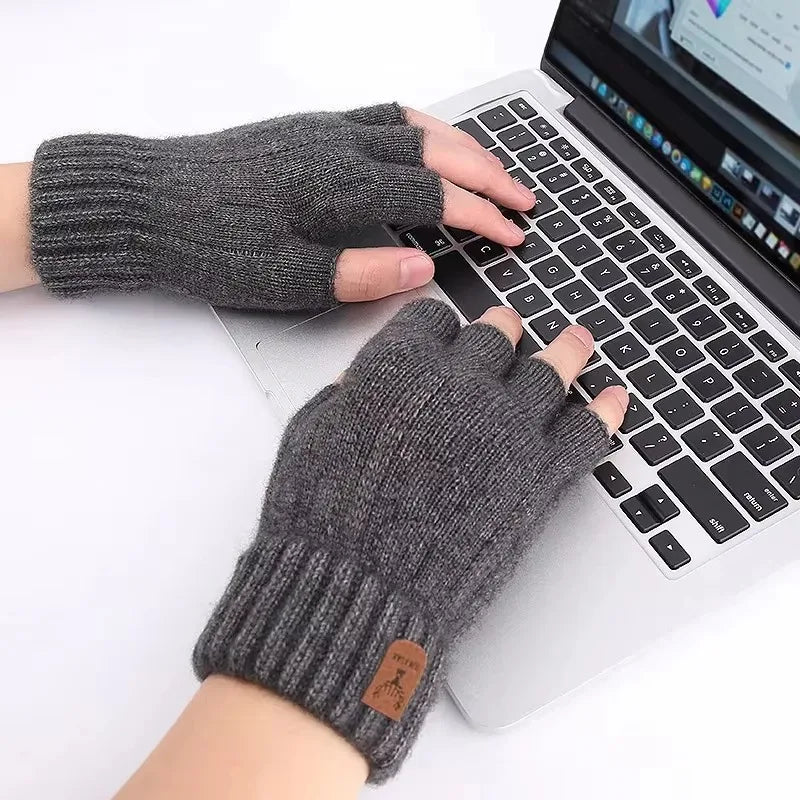 Men’s Winter Half-Finger Gloves – Thick Knitted Alpaca Wool
