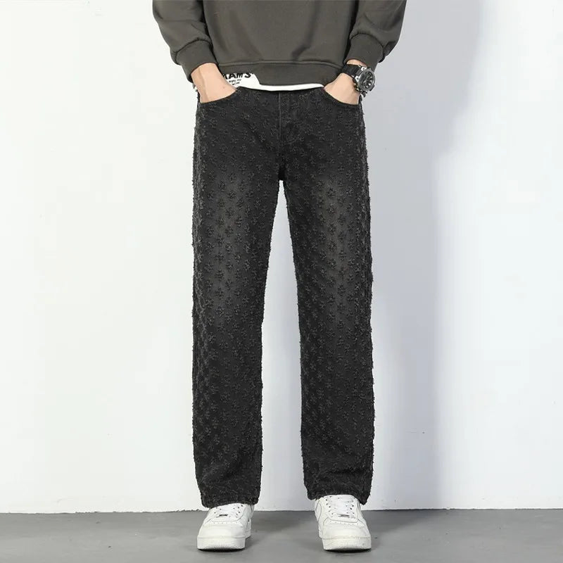 Men’s Jacquard Full Print Jeans Washed Wide Leg Long Pants