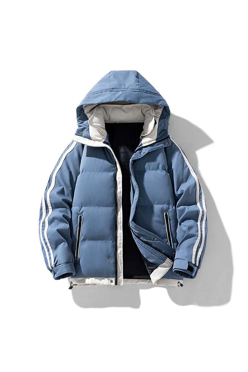 blue padded hooded jacket with white stripes and zipper pockets for versatile wardrobe tips