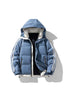 blue padded hooded jacket with white stripes and zipper pockets for versatile wardrobe tips