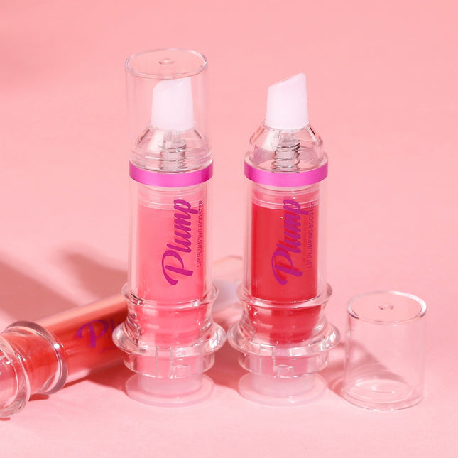 Two lip plumping products with 'Plump' text on a pink background