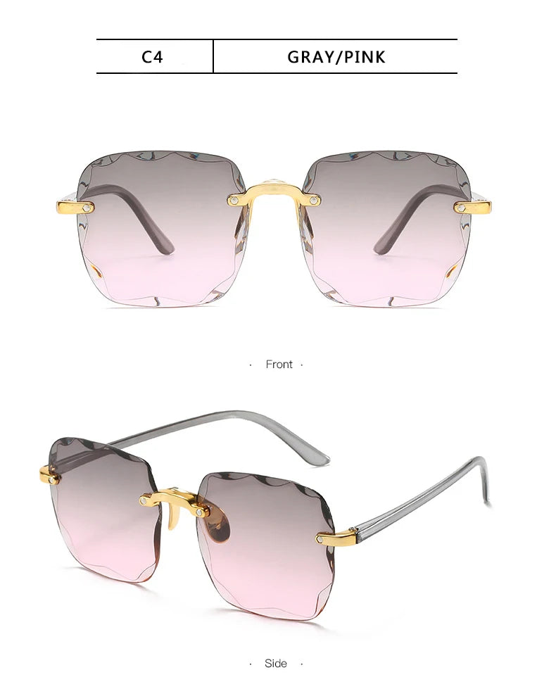 Square Rimless Sunglasses, Women Luxury Brand, Designer Summer Red Glasses, Fashion Sun glasses For Men UV400 Shades Oculos