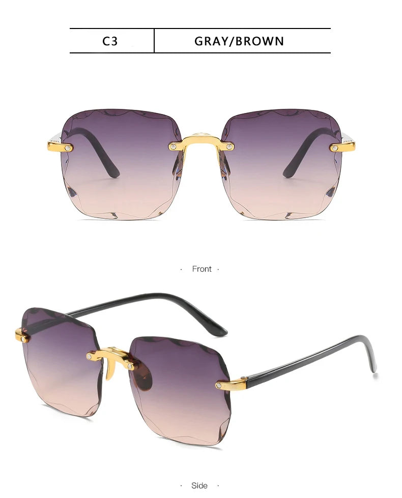 Square Rimless Sunglasses, Women Luxury Brand, Designer Summer Red Glasses, Fashion Sun glasses For Men UV400 Shades Oculos