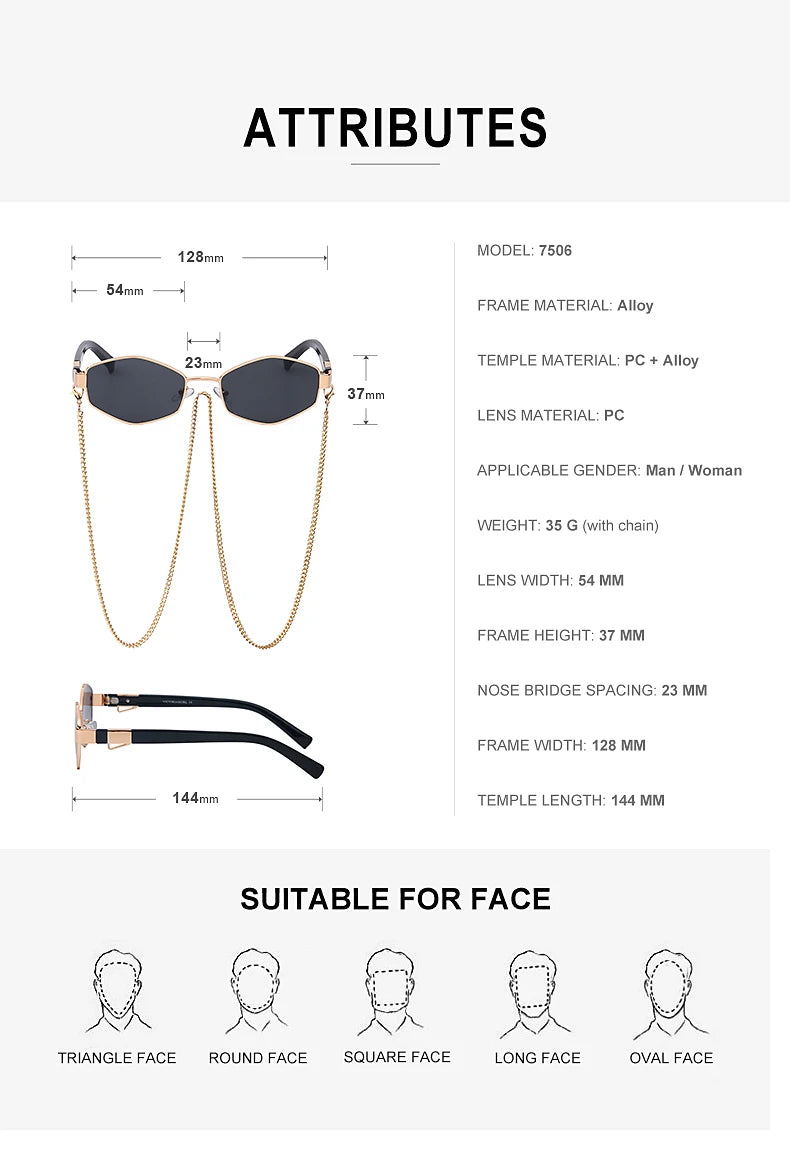 Sexy Small Frame Hexagon, Sunglasses Women With Chain 2025, Luxury Brand Designer Punk Sun Glasses For Ladies Shades Gafas De Sol