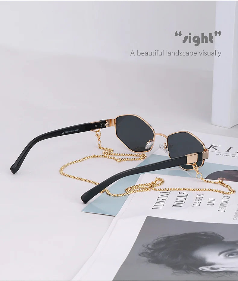 Sexy Small Frame Hexagon, Sunglasses Women With Chain 2025, Luxury Brand Designer Punk Sun Glasses For Ladies Shades Gafas De Sol