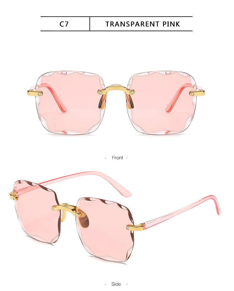 Square Rimless Sunglasses, Women Luxury Brand, Designer Summer Red Glasses, Fashion Sun glasses For Men UV400 Shades Oculos