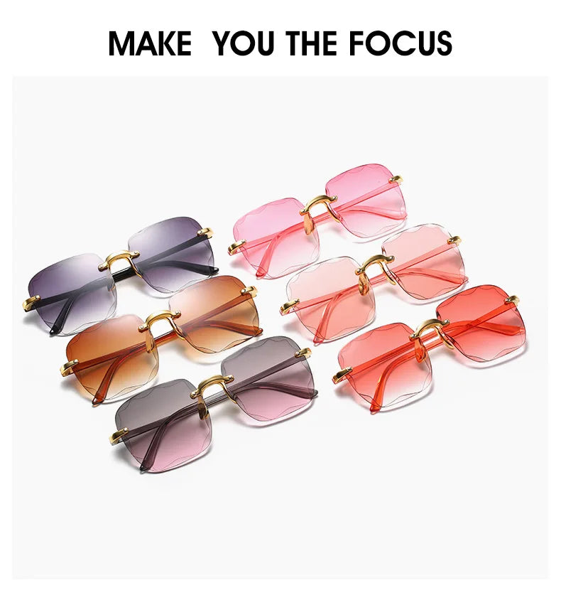 Square Rimless Sunglasses, Women Luxury Brand, Designer Summer Red Glasses, Fashion Sun glasses For Men UV400 Shades Oculos