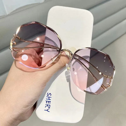 Irregular Round Sunglases Women Brand Designer Gradient Fashion Sun Glasses Female Rimless Metal Curved Temples Oculos De Sol