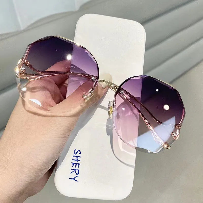 Irregular Round Sunglases, Women Brand Designer Gradient Fashion Sun Glasses, Female Rimless Metal Curved Temples Oculos De Sol