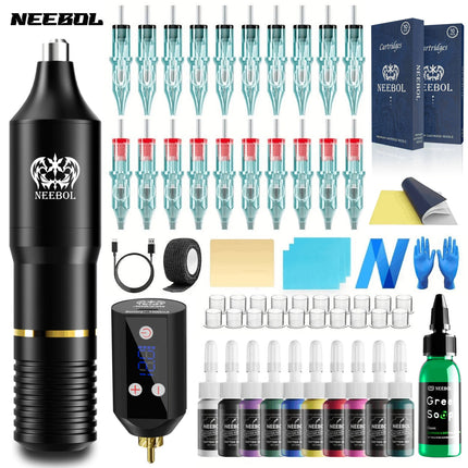 Neebol Wireless Tattoo Kit, Complete Kit Tattoo Pen with 1500mAh LED, 1set, Cordless Tattoo Power Supply for Beginners,Body Art