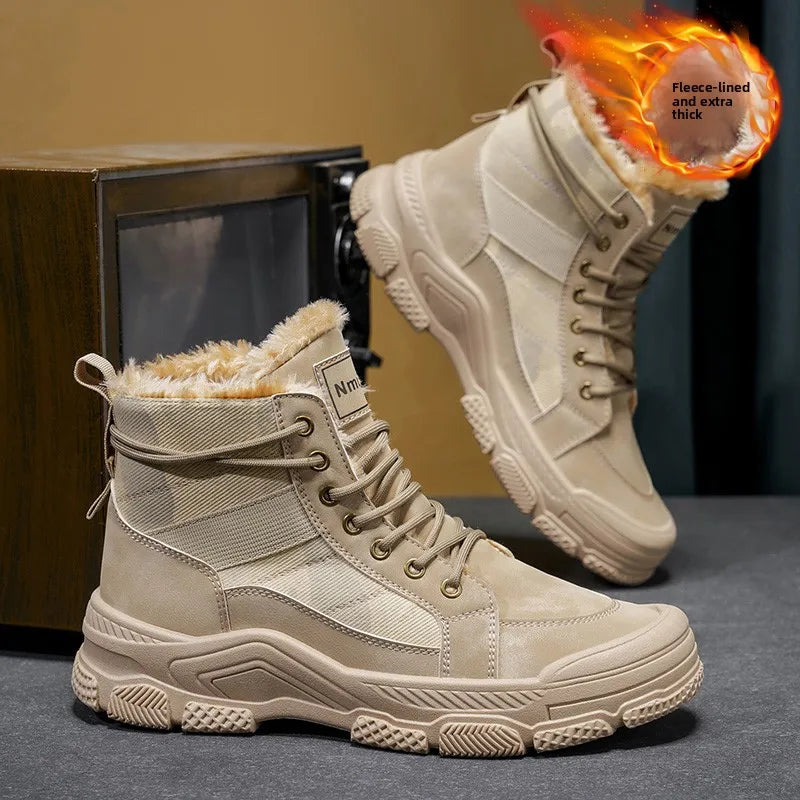 Men’s Winter Ankle Snow Boots – PU Lace-Up Round Toe Velvet Lined Shoes