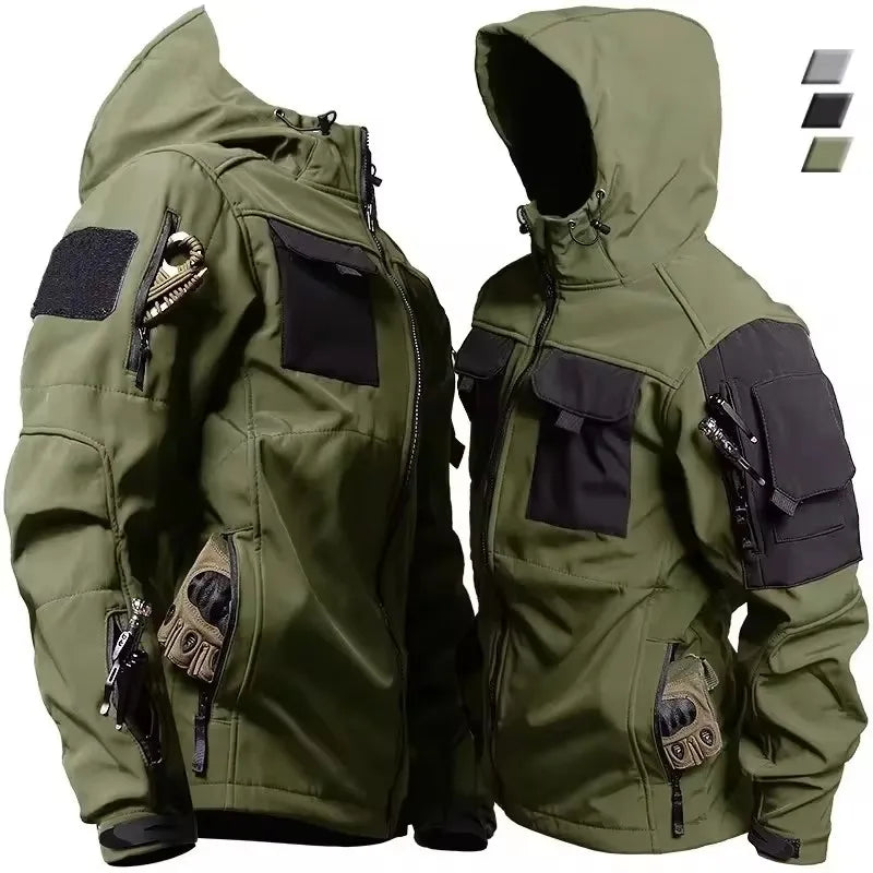 Men’s Military Patchwork Jacket – Winter Travel, Hooded Zipper Coat