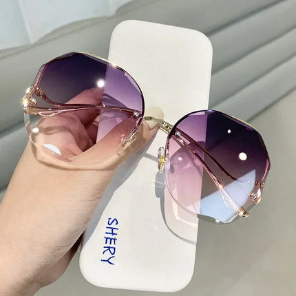 Irregular Round Sunglases Women Brand Designer Gradient Fashion Sun Glasses Female Rimless Metal Curved Temples Oculos De Sol