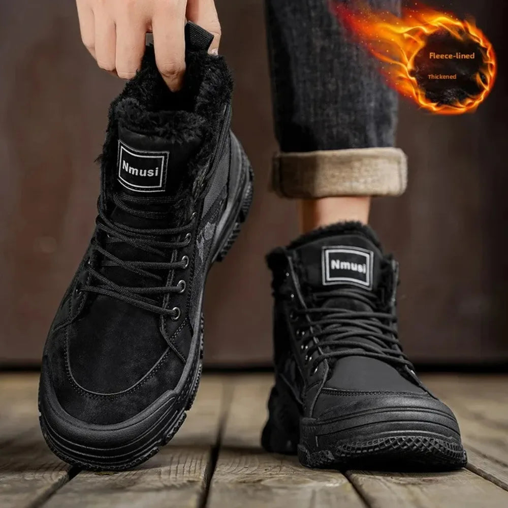 Men’s Winter Ankle Snow Boots – PU Lace-Up Round Toe Velvet Lined Shoes