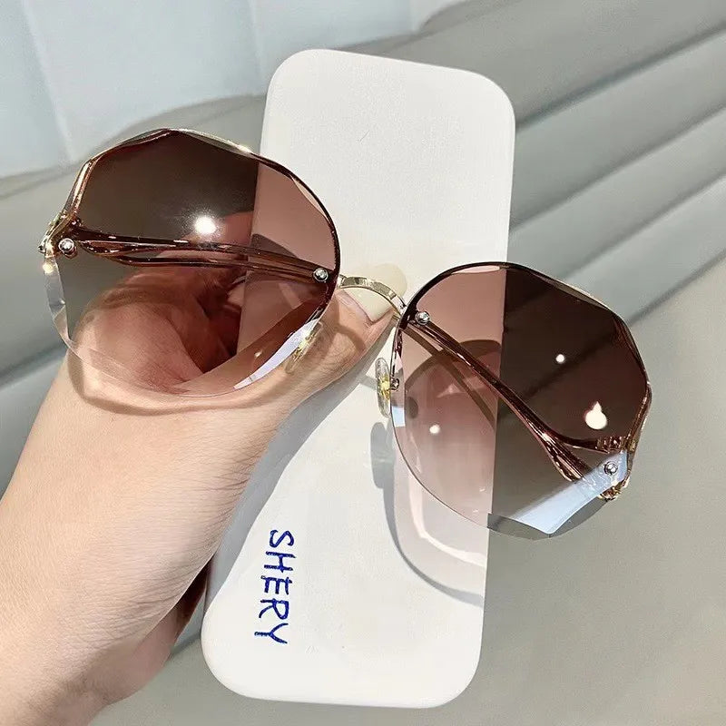 Irregular Round Sunglases, Women Brand Designer Gradient Fashion Sun Glasses, Female Rimless Metal Curved Temples Oculos De Sol