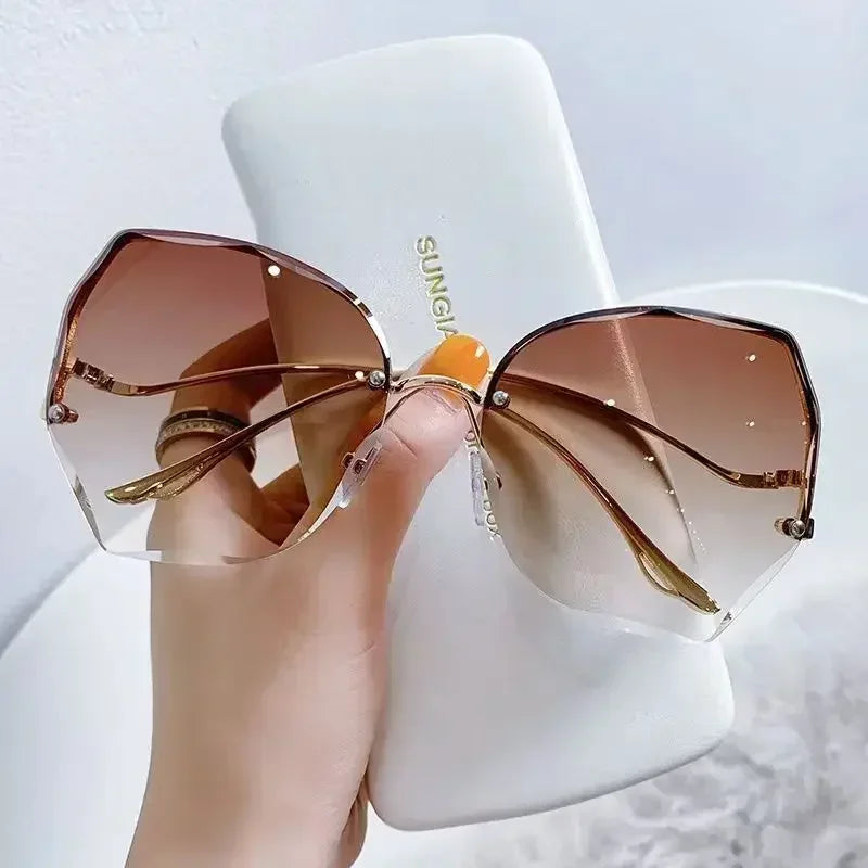 Irregular Round Sunglases, Women Brand Designer Gradient Fashion Sun Glasses, Female Rimless Metal Curved Temples Oculos De Sol