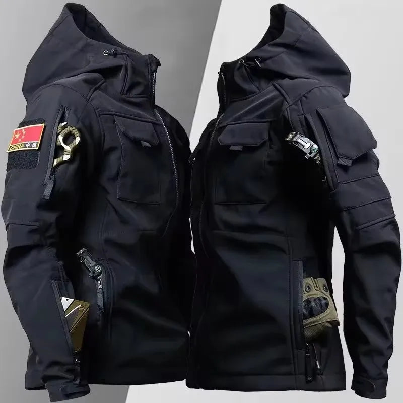 Men’s Military Patchwork Jacket – Winter Travel, Hooded Zipper Coat