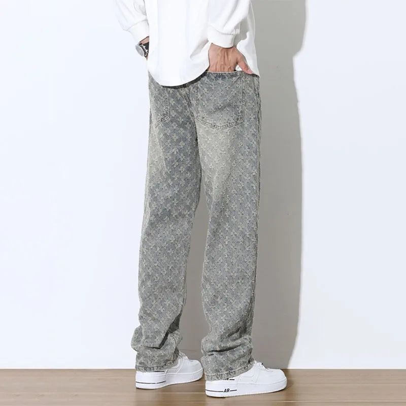 Men’s Jacquard Full Print Jeans Washed Wide Leg Long Pants