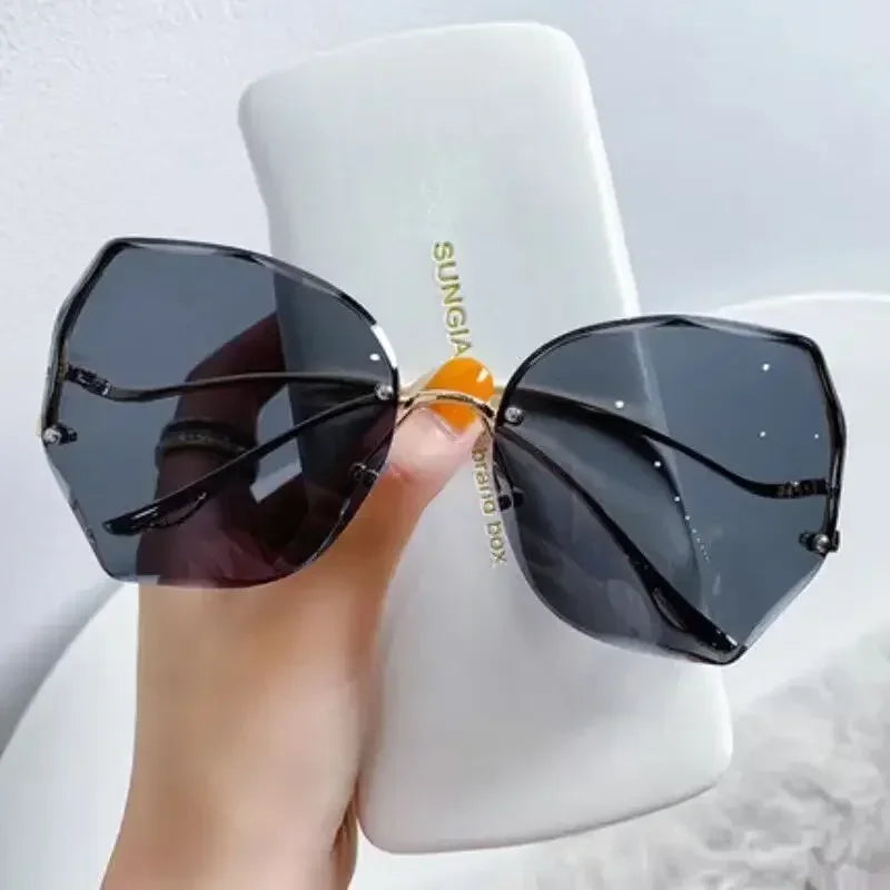 Irregular Round Sunglases, Women Brand Designer Gradient Fashion Sun Glasses, Female Rimless Metal Curved Temples Oculos De Sol