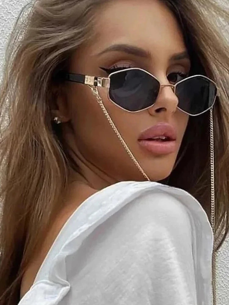 Sexy Small Frame Hexagon, Sunglasses Women With Chain 2025, Luxury Brand Designer Punk Sun Glasses For Ladies Shades Gafas De Sol