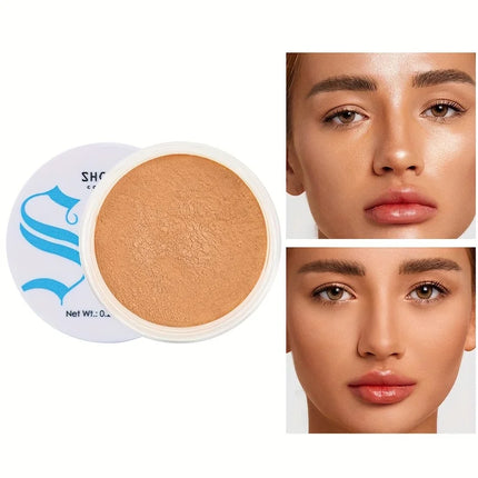Makeup compact with brown powder and two close-up images of a woman's face.