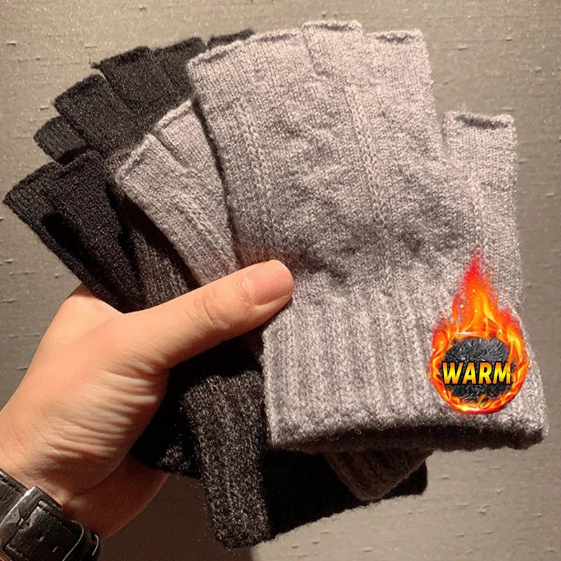 Half-Finger Alpaca Wool Gloves for Men – Warm Winter Knitted