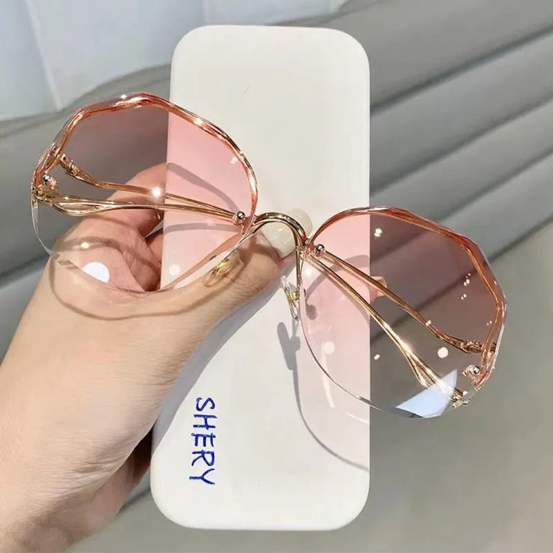 Irregular Round Sunglases, Women Brand Designer Gradient Fashion Sun Glasses, Female Rimless Metal Curved Temples Oculos De Sol