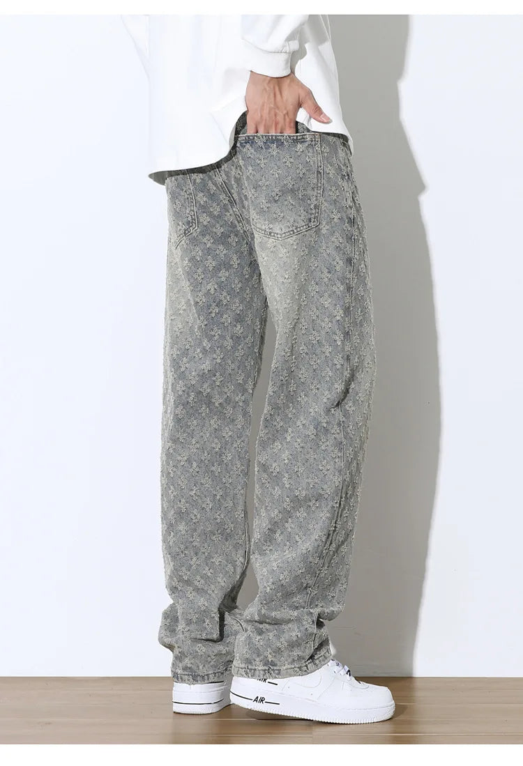 Men’s Jacquard Full Print Jeans Washed Wide Leg Long Pants