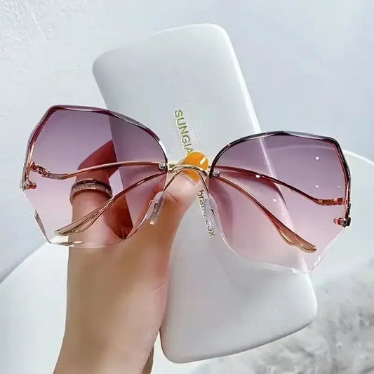 Irregular Round Sunglases, Women Brand Designer Gradient Fashion Sun Glasses, Female Rimless Metal Curved Temples Oculos De Sol