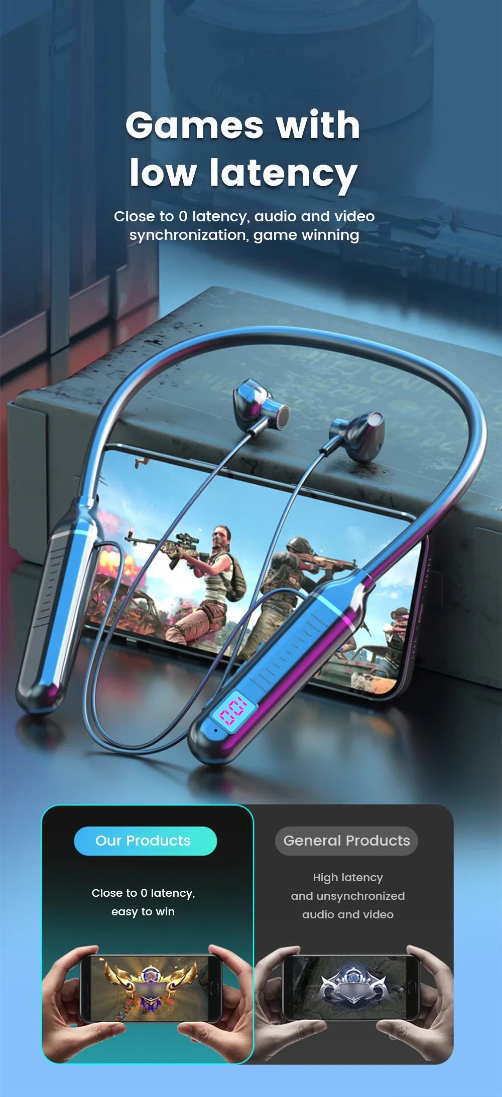 Wireless Earphones 5.3 Neckband, Headphones Gaming LED Display, Stereo Sports Headset Halter, Waterproof Magnetic Earbuds