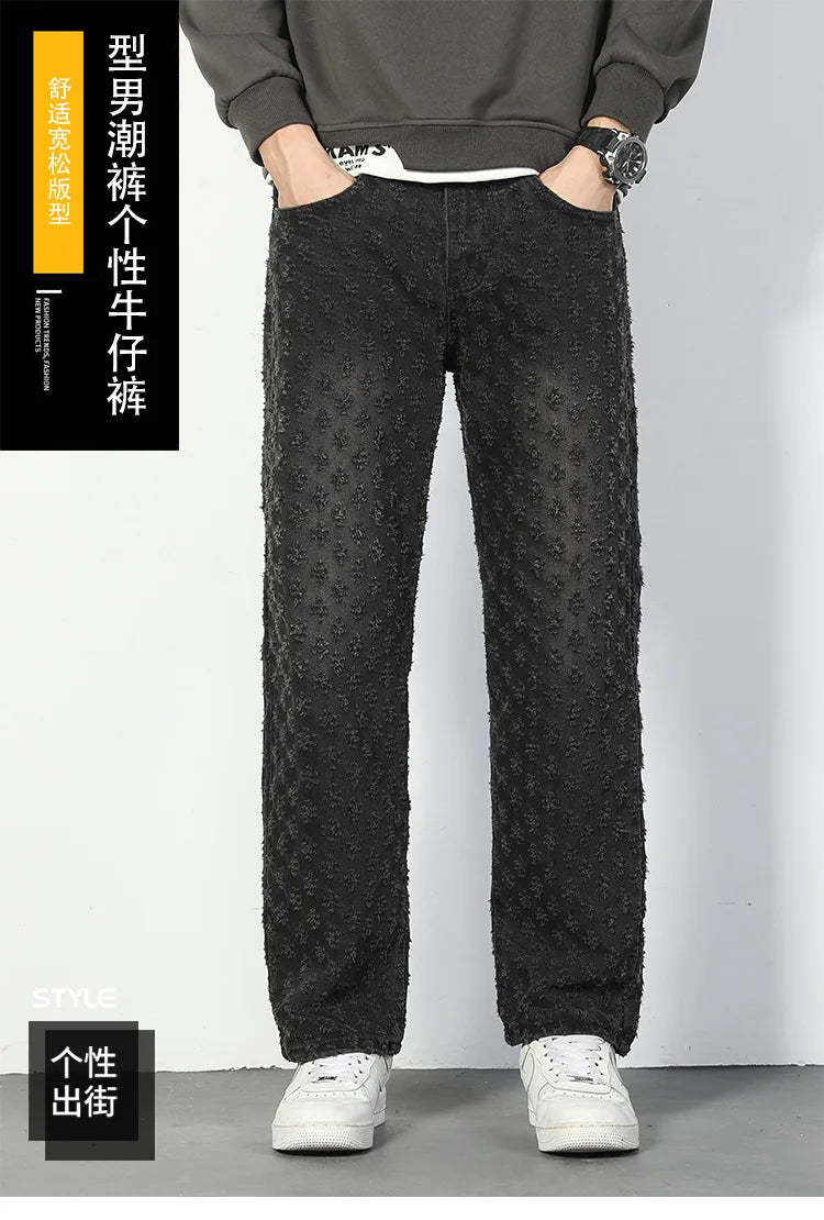 Men’s Jacquard Full Print Jeans Washed Wide Leg Long Pants