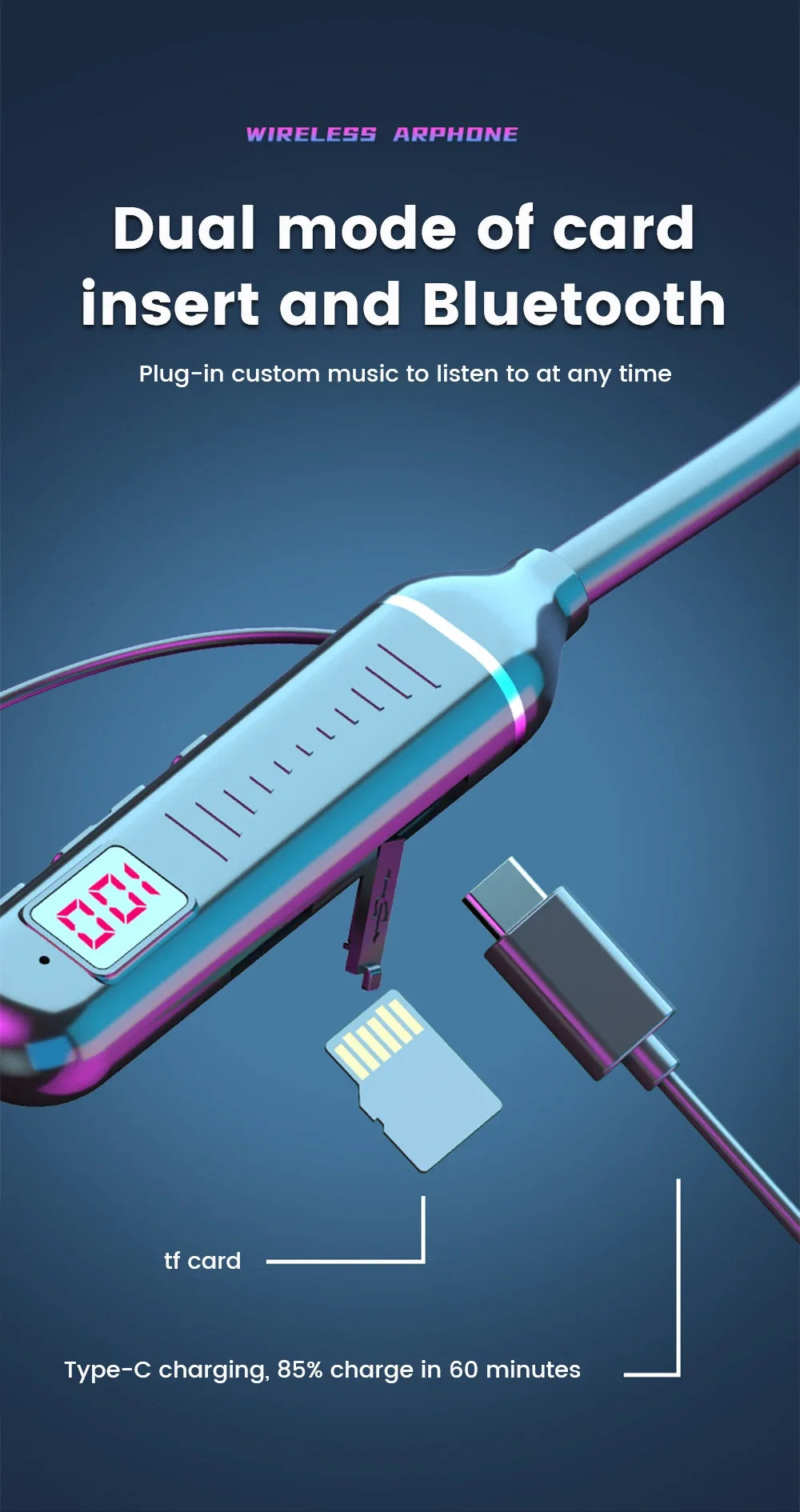 Wireless Earphones 5.3 Neckband, Headphones Gaming LED Display, Stereo Sports Headset Halter, Waterproof Magnetic Earbuds