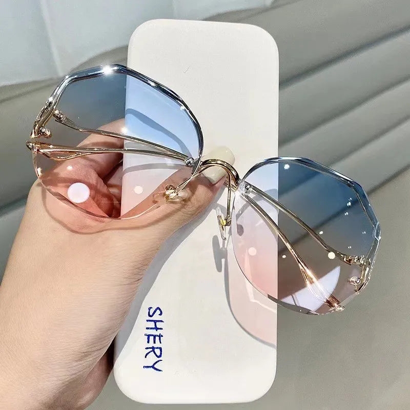Irregular Round Sunglases, Women Brand Designer Gradient Fashion Sun Glasses, Female Rimless Metal Curved Temples Oculos De Sol