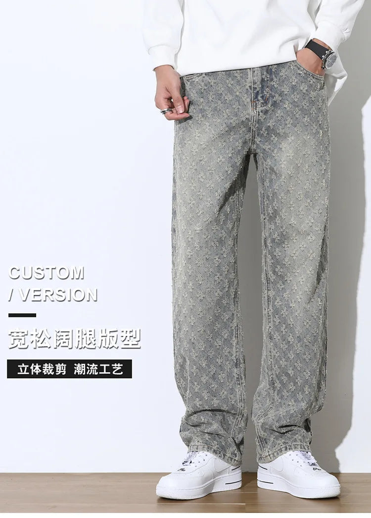 Men’s Jacquard Full Print Jeans Washed Wide Leg Long Pants