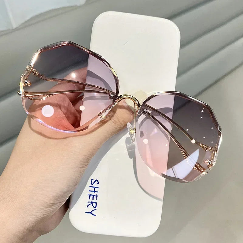 Irregular Round Sunglases, Women Brand Designer Gradient Fashion Sun Glasses, Female Rimless Metal Curved Temples Oculos De Sol