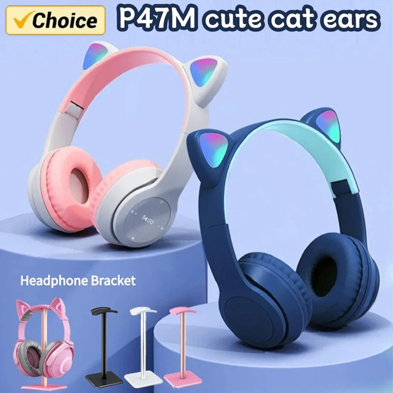 Wireless Headphones Cat Ear, Bluetooth-Compatible Helmets, Stereo Bass Over-Ear Headsets, Sports Headphones for Kids and Adult