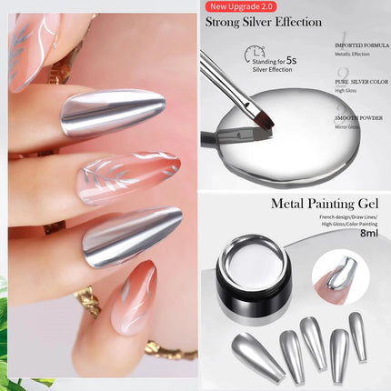 Makartt 8ml Mirror Shine Gel Metallic Silver Gel UV/LED Gel Metal Painting Gel Drawing Mirror Nail gel for Nail Art Designs