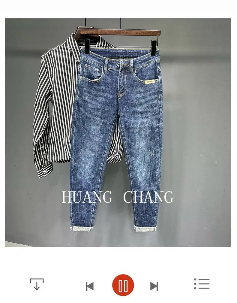 Jeans Men's Spring and Summer New High-end Trend Blue Slim-fitting Pants Brand Korean Streetwear High Street Retro Long Pants