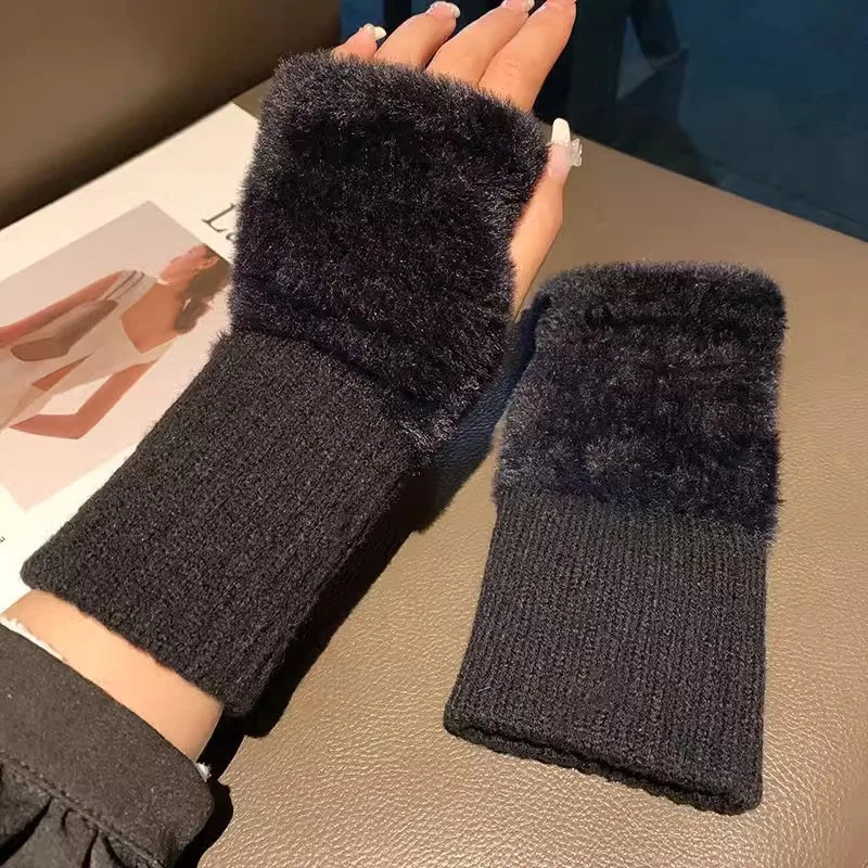 Women’s Winter Plush Half-Finger Gloves – Soft Warm Knitted Fingerless Gloves