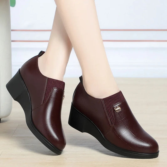 Women’s 2025 PU Wedge Slip-On Shoes – Waterproof Medium Heel Shoes