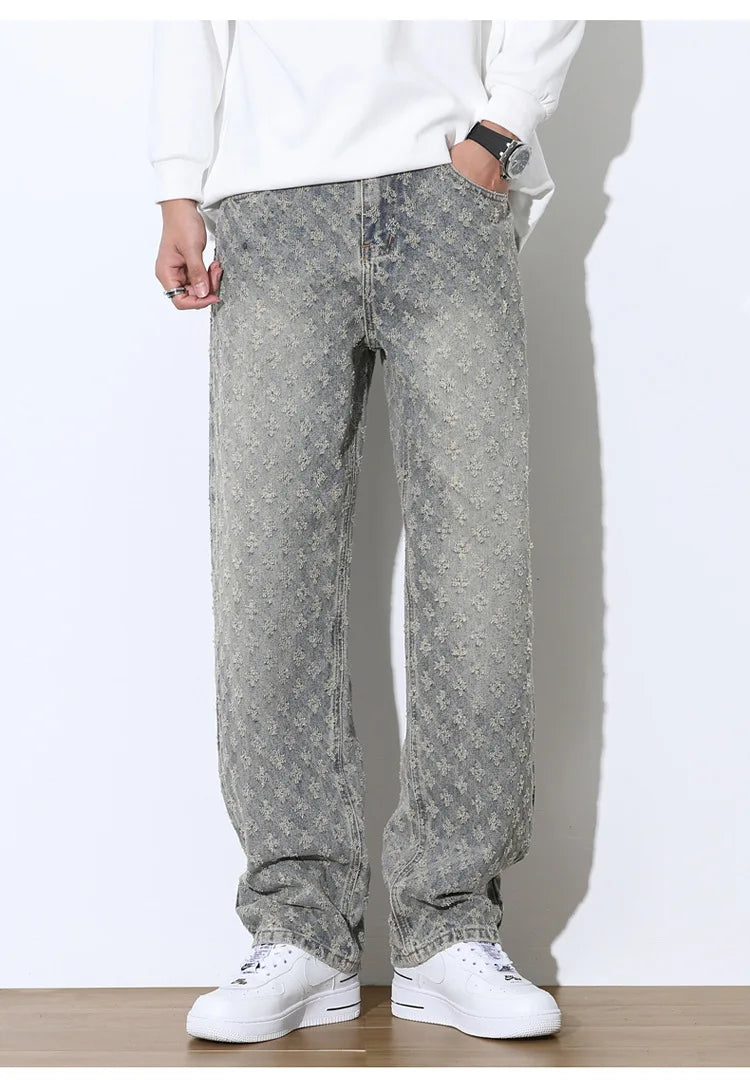 Men’s Jacquard Full Print Jeans Washed Wide Leg Long Pants