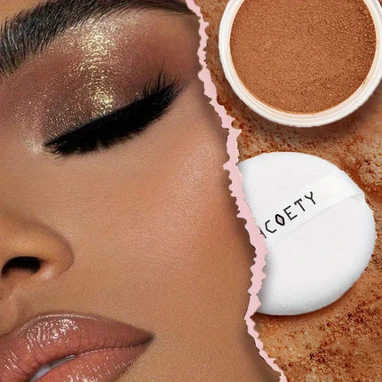 Makeup product with a close-up of a model's face wearing glittery makeup.