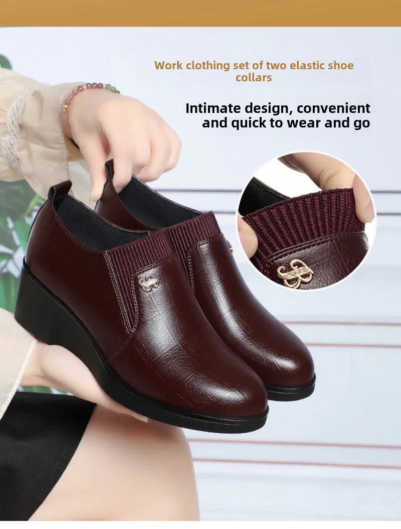 Women’s 2025 PU Wedge Slip-On Shoes – Waterproof Medium Heel Shoes