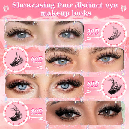 800PCS 30406080D Clusters Lashes Extension Kit, Length 9-16mm Natural Eyelashes,Cat eye,Bond and Seal,Tweezers,Brush,DIY At Home