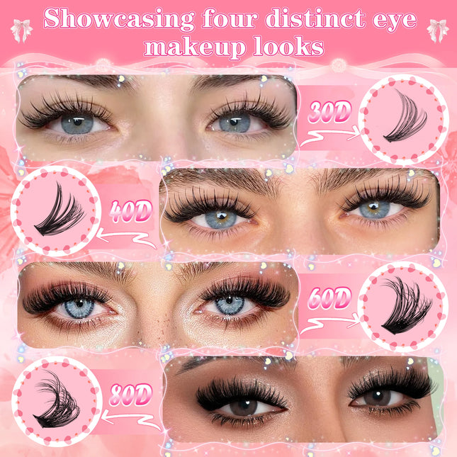 800PCS 30406080D Clusters Lashes Extension Kit, Length 9-16mm Natural Eyelashes,Cat eye,Bond and Seal,Tweezers,Brush,DIY At Home