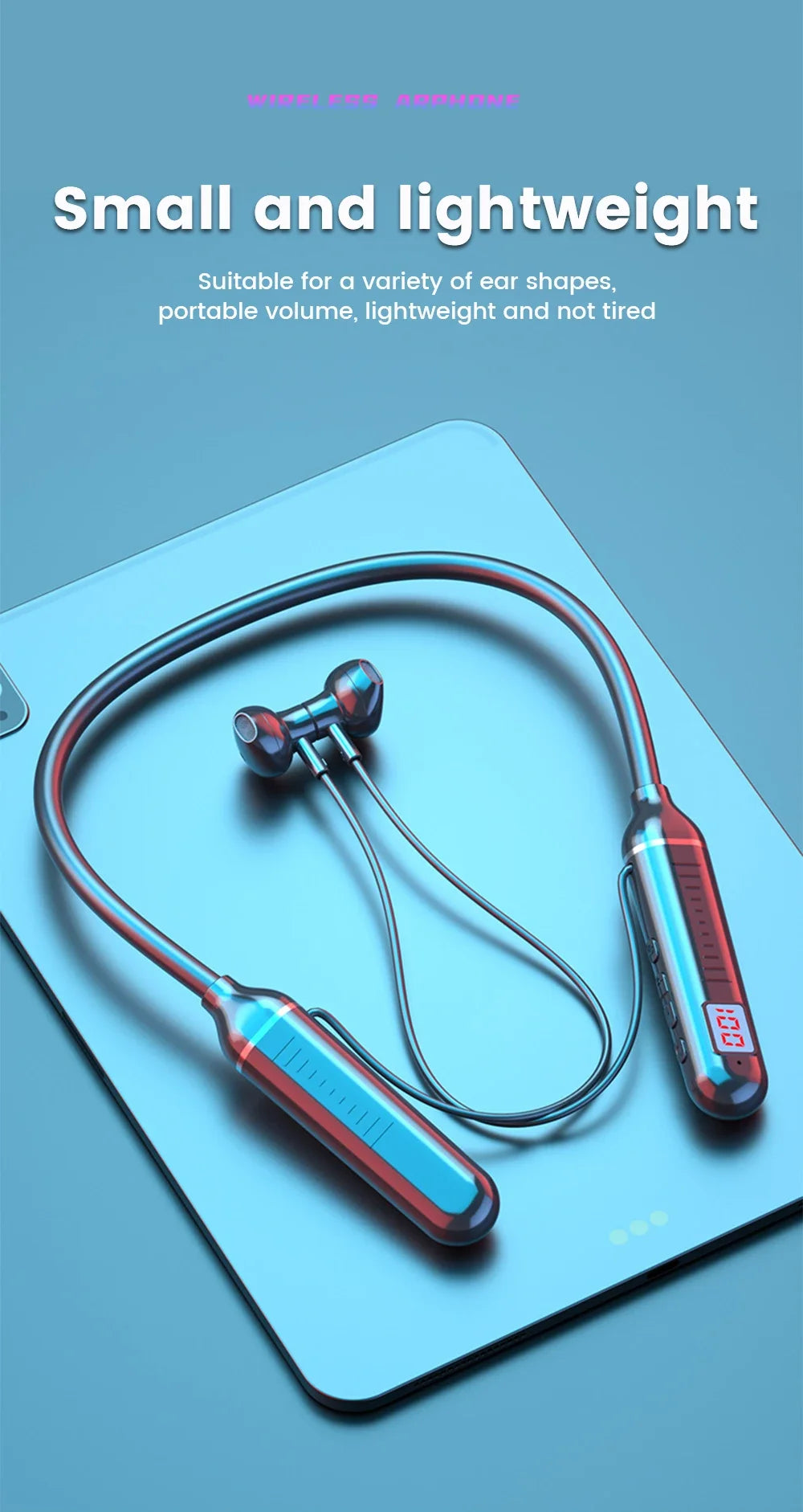 Wireless Earphones 5.3 Neckband, Headphones Gaming LED Display, Stereo Sports Headset Halter, Waterproof Magnetic Earbuds