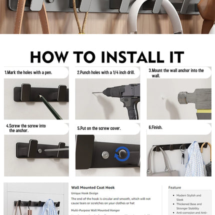 Coat Hook Wall Rack Hanger - Black Coat Rack with 5 Hooks Wall Hooks for Hanging  Hat Key Bag Towel Wall Mount Coat Rack