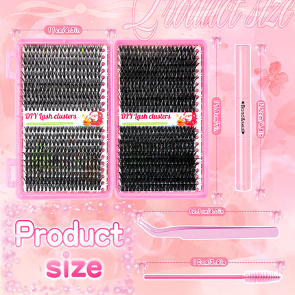 800PCS 30406080D Clusters Lashes Extension Kit, Length 9-16mm Natural Eyelashes,Cat eye,Bond and Seal,Tweezers,Brush,DIY At Home
