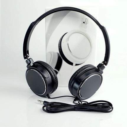 Black headphones with a cable on a white background